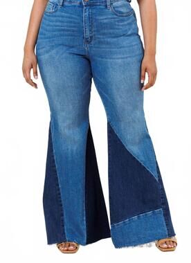 NEW VIBRANT M.I.U kenzi color block side slit flare jeans - plus in medium stone